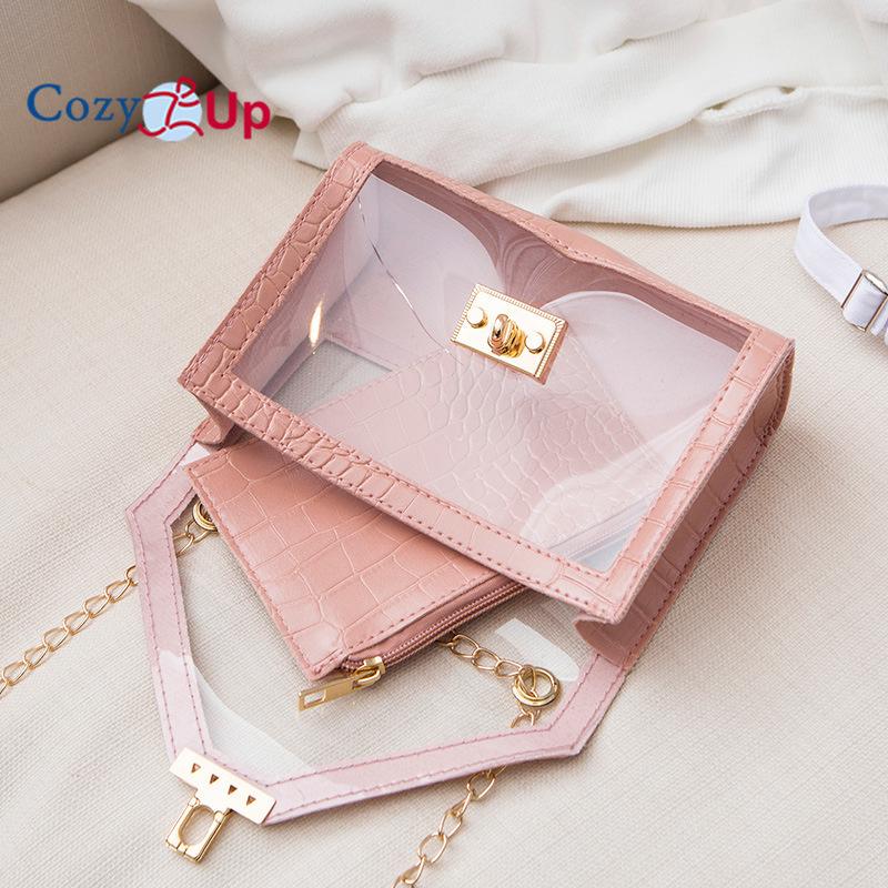 Bolsa transparente aconchegante, bolsa quadrada pequena, corrente crossbody, mini bolsa feminina