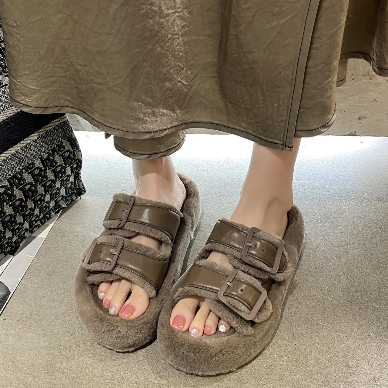 

Fashion Thick Soled Hairy Slippers Women s Outdoor Wear New Autumn and Winter Fashion Leather Buckle Plush Cotton Slippers Women Shoes 41 хаки