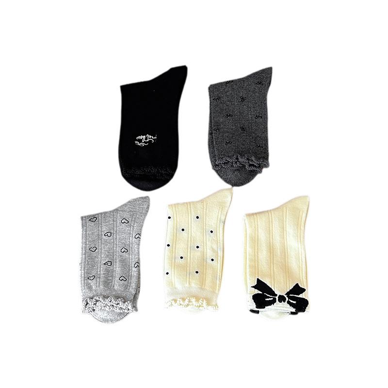 Ballet-style Socks for Women, Lace Mid-calf Socks, Autumn Sweet Bow Polka Dot Pile Socks for Women