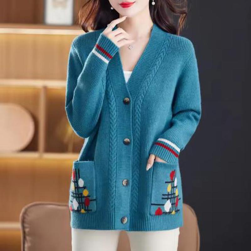 Spring Autumn Women Sweater Cardigan Coats Fashion Embroidered Short Knit Sweater Jacket Outerwear