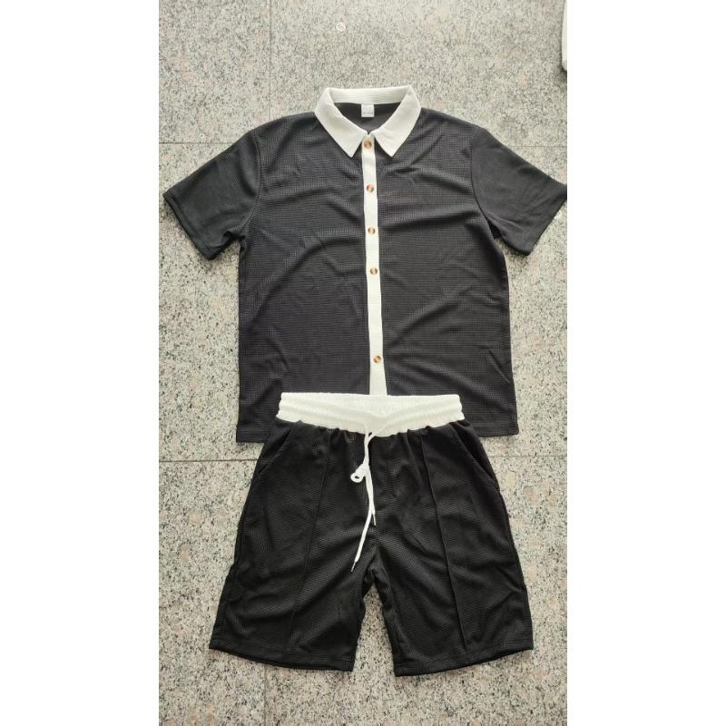 Mens Casual Color Block Breathable Thin Beach Shirt Shorts Set