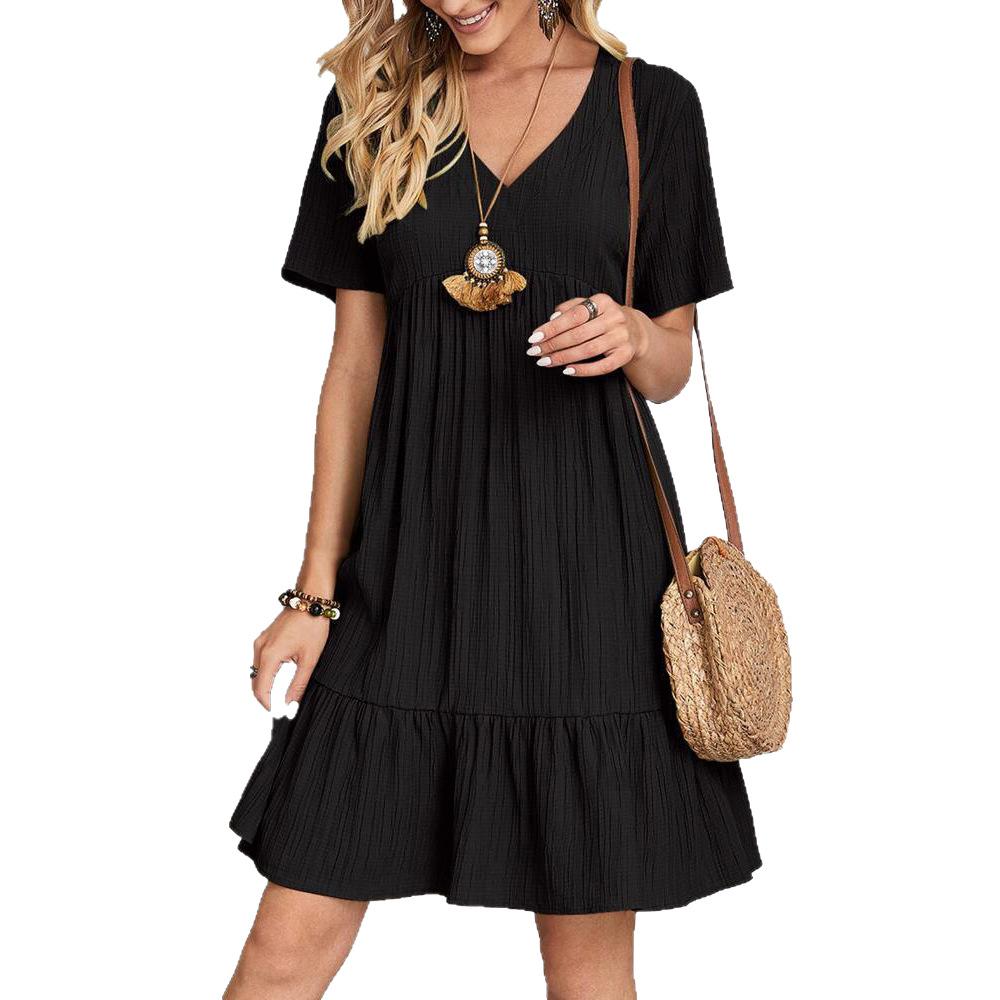 Stylové dámské šaty v blízkovýchodním stylu, s výstřihem do V, jednobarevné, elegantní, volného střihu, zakrývající břicho, na dovolenou, retro, niche design, krátký rukáv