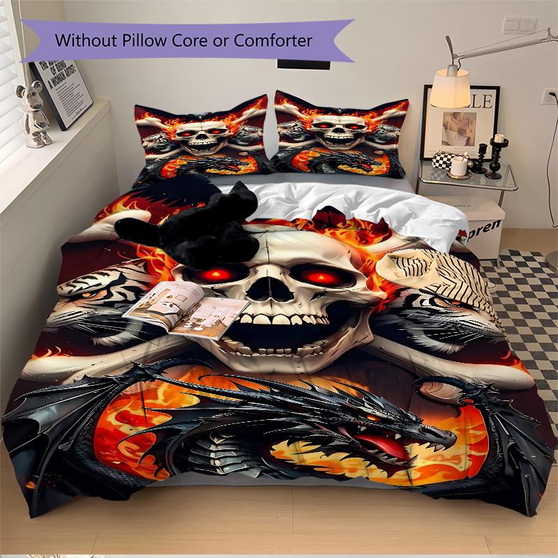 

3pcs Skull Flames Duvet Cover Set - Machine Washable, Includes 1 Cover and 2 Pillowcases, No Core Included yy251013044 135x200cm