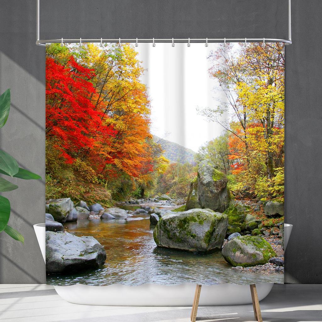 Bathroom Waterproof Curtain Digital Printing Landscape Waterfall Shower Curtain Free Punching Toilet Partition Curtain Shower Cloth