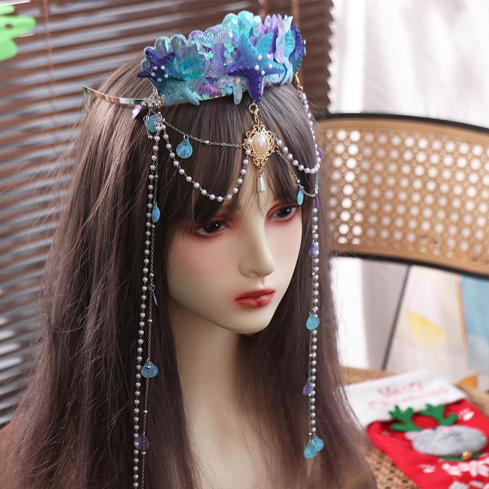 Fascia Principessa Sirena con Nappe Gioielli di Perle Corona con Nappe Collana per Fronte Cerchietto per Capelli Cosplay