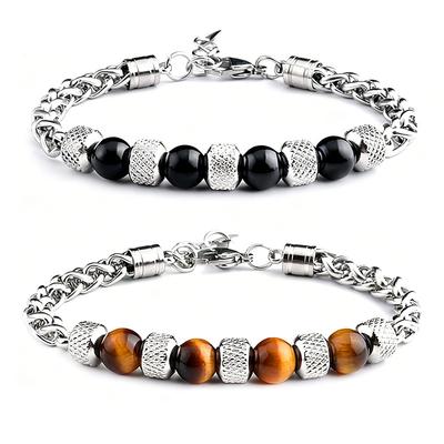 1 Stück Tigerauge Stein Herrenarmband, Verstellbares Perlenarmband aus Edelstahl
