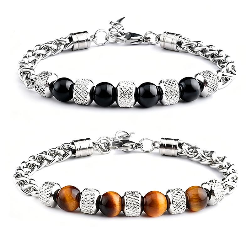 1 Stück Herren Tigerauge Stein Armband - Edelstahl Verstellbares Perlenarmband - Retro Armband