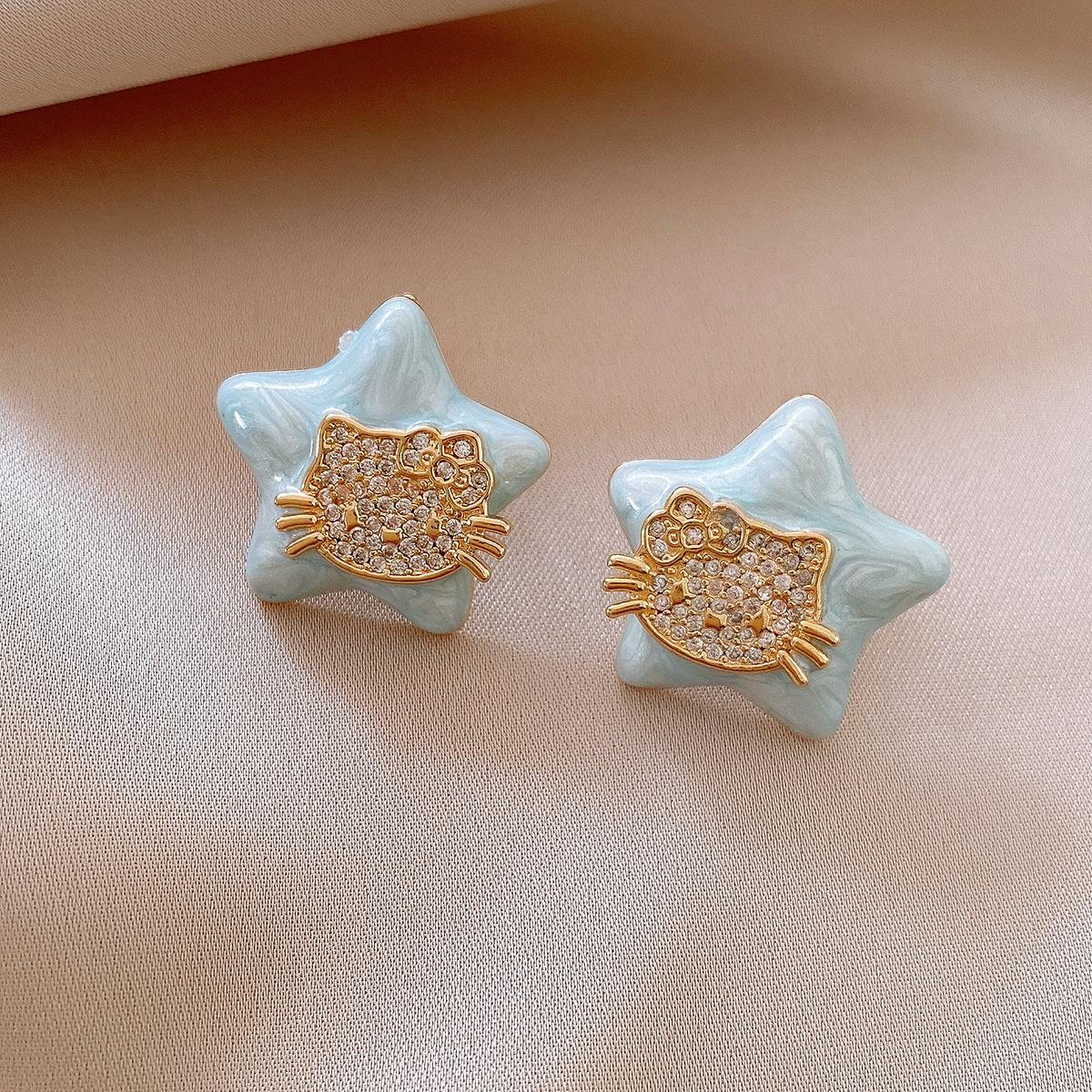 Real gold dripping oil zircon KT cat star stud earrings Korean sweet design earrings fashion versatile earrings