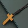 Handmade Carved Wooden Crucifix Necklace For Men Catholic Christian Jesus Cross Pendant Braided Rope Chain Religious Jewelry