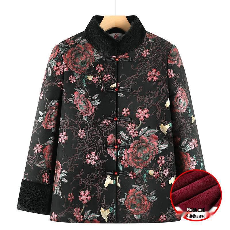 Winter Cotton Jacket for Elderly Women, Plus Velvet Thickened, Chinese Style, Ideal for Women Aged 70-80.