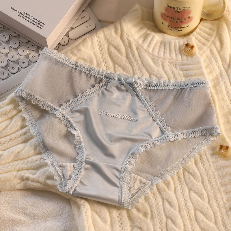 

Ice Silk Seamless Mid-Waist French Satin Women s Panties - Sexy, Antibacterial Cotton Crotch, Hollow Design L (121-143 lbs) світло-синій колір