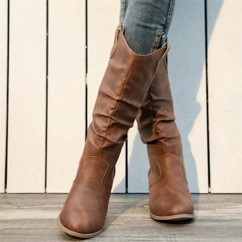 2025 New Autumn Winter Shoes for Women Slip-on Fashion Women Boots Sewing Daily Round Toe Square Heel Boots Women Botas De Mujer
