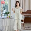 Women's Pastoral Cotton Pajama Set: Double-Layer Gauze, Short Sleeve, Long Pants, Loose Fit, Indoor/Outdoor Wear.