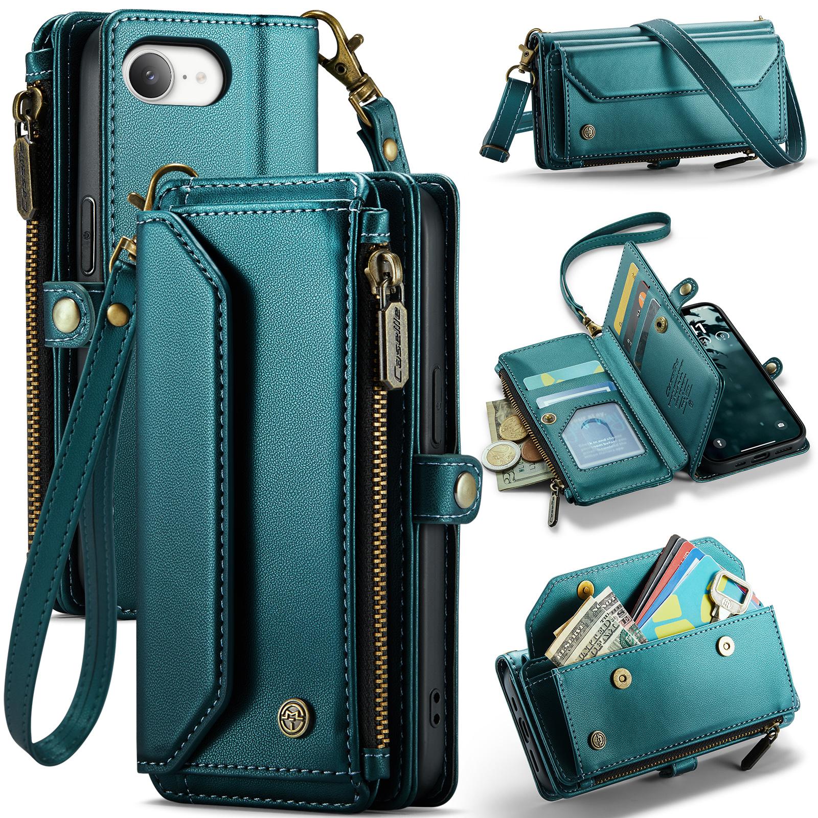 

For iPhone 16e Leather Case CASEME C36 Zipper Multiple Card Slots Phone Cover with Straps D