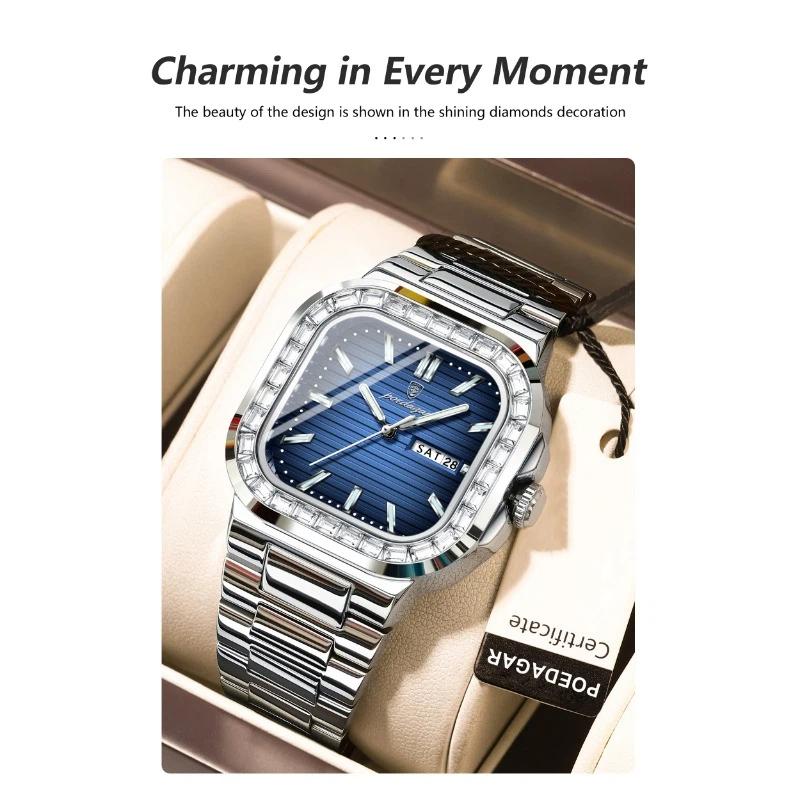 POEDAGAR Top Brand Luxury Watch for Men Waterproof Luminous Date Week Wristwatch Stainless Steel Square Quartz Watches