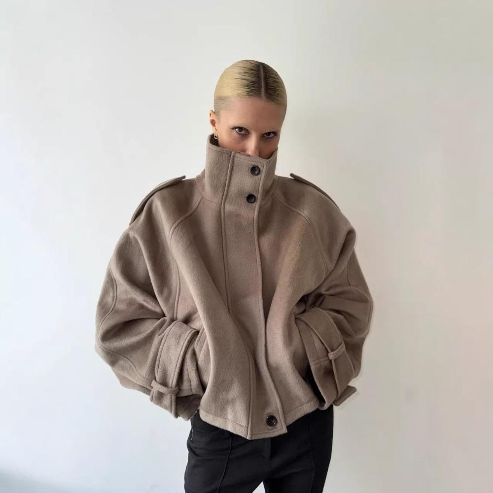 Grauer Wollmantel mit Stehkragen für Damen, Herbst und Winter, lockere Freizeitjacke M khaki