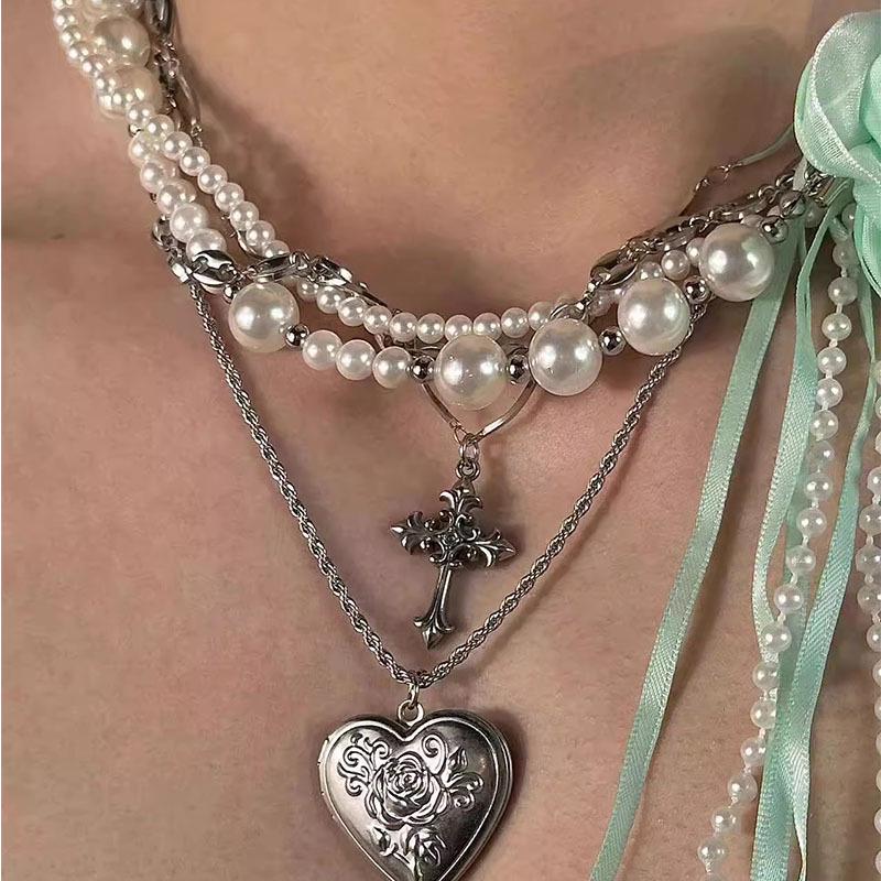 

Irregular Pearl Heart Cross Necklace - Titanium Steel Multi-Layer Trend