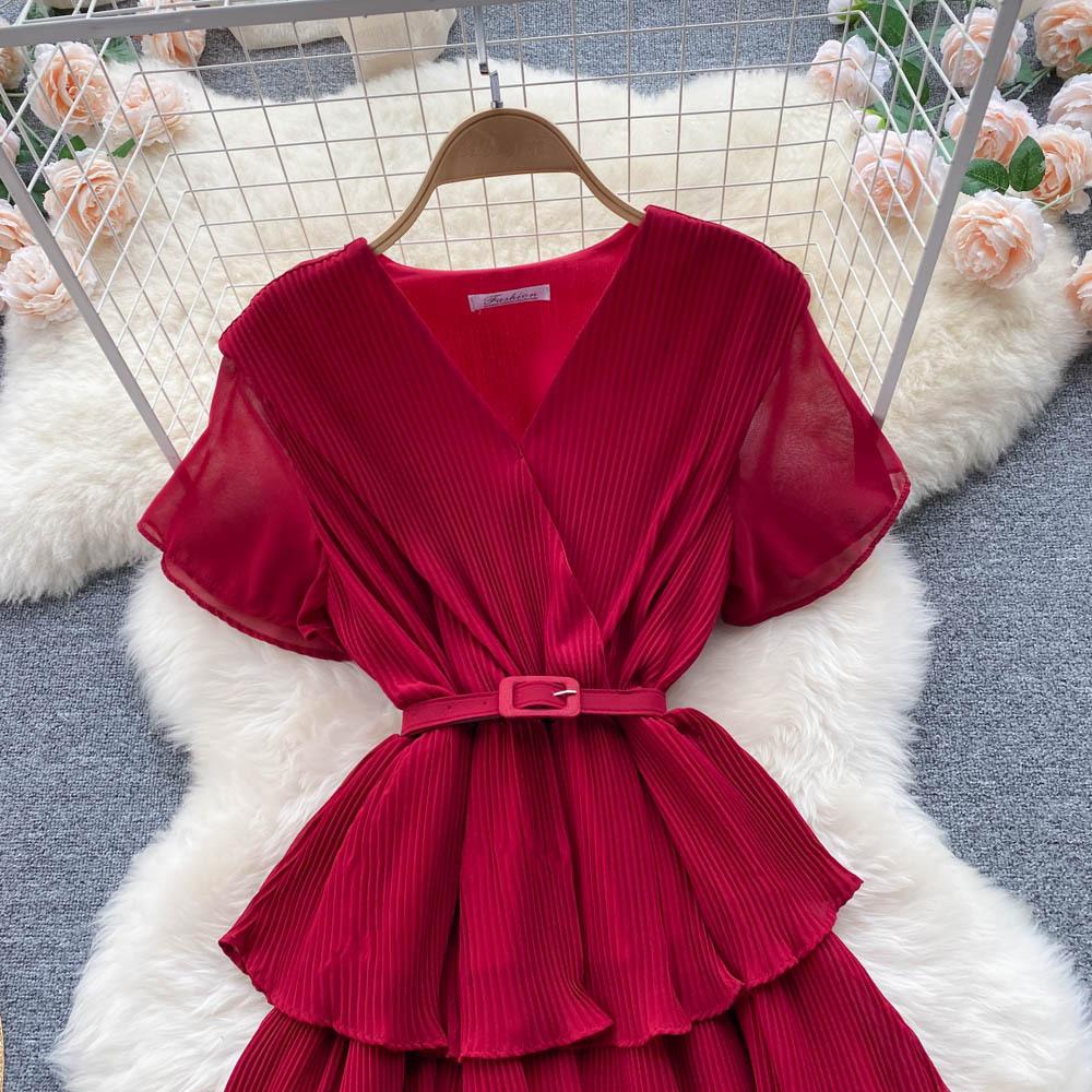 Sommer Kvinner Feriebelte Løs Lang Kjole Elegant Kortermet Ruffles Strand Maxi Kjoler