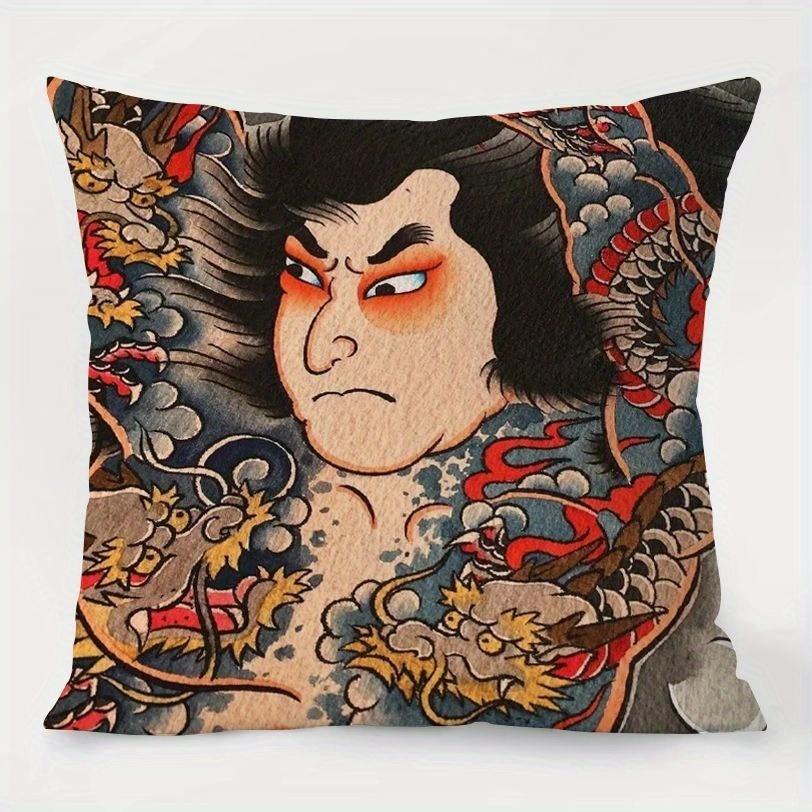 4-Pack Japanese Tattoo Inspired Pillow Covers, Unique Single-Sided Print Artistic Cushion Cases for Sofa and Home Decor