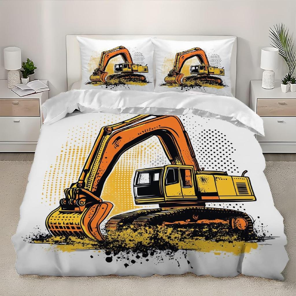 Cartoon Car Excavator Truck King Size Duvet Cover Sets For Kids Boys Girls, Microfiber Duvet Cover Sets With Pillowcase 50X75Cm