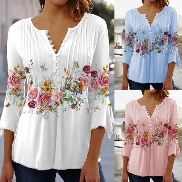 

Женский длинный рукав V-образный вырез Свободные блузки Цветочные печатные повседневные рубашки Удобные плюс Размер Топ S-5XL