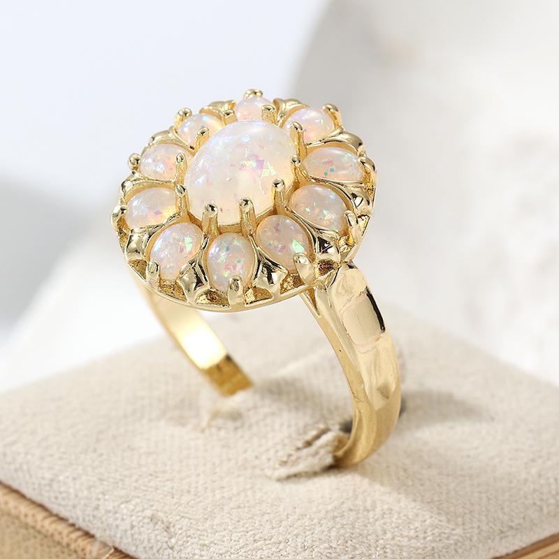 Dazzling Inlaid Imitation Opal Flower Women's Ring Trendy Gold Color Geometry Daily Wear Party Jewelry Anniversary Gift