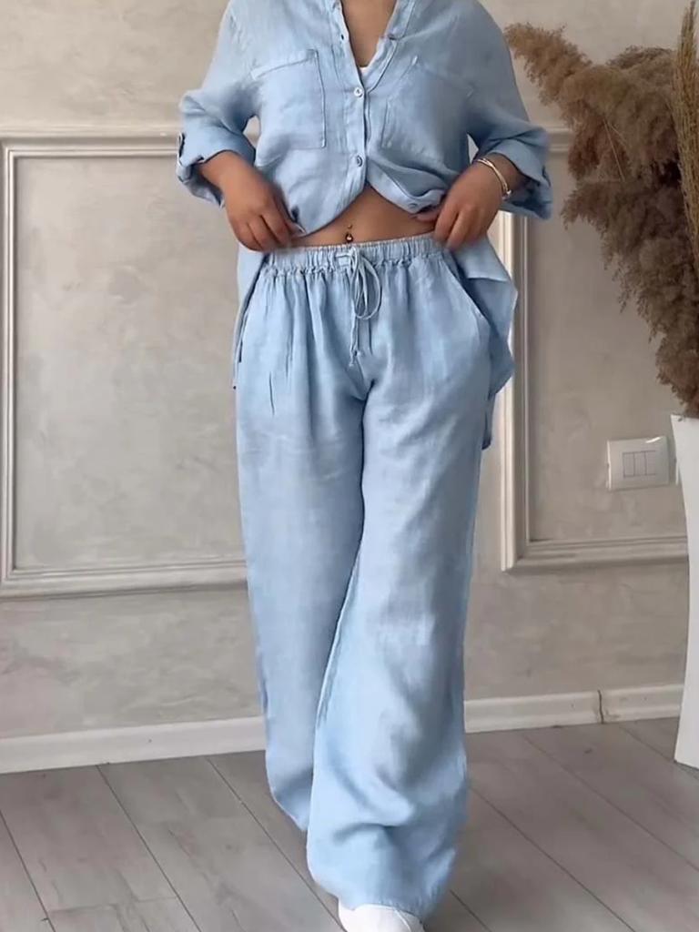 New Women's Solid Color One-Button Long Sleeve Shirt Two-Piece Set Wide Leg Pants with Tie Waist Trousers for Women