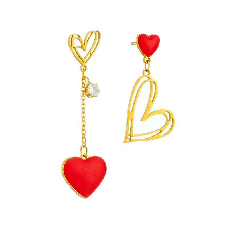 Gold Plated Asymmetric Red Enamel Heart Drop Earrings for Women Stainless Steel