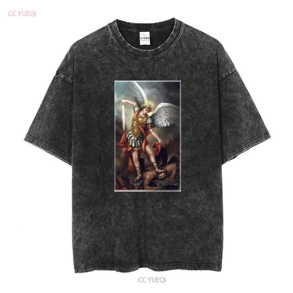 Catholic Natural T Shirt Saint Michael Archangel V11 Vintage Sizes S 5XL Vintage Washed Homme Fashion Soft Breathable