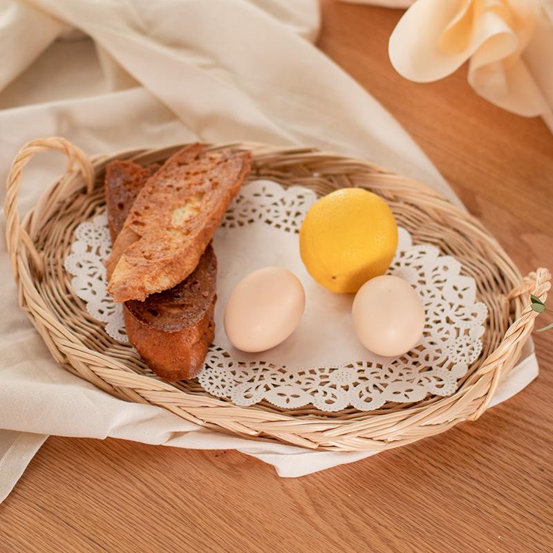 Vietnamese Wicker Basket Rattan Storage Tray Round Basket with Handle Hand-Woven Rattan Tray Bread Fruit Food Storage Basket