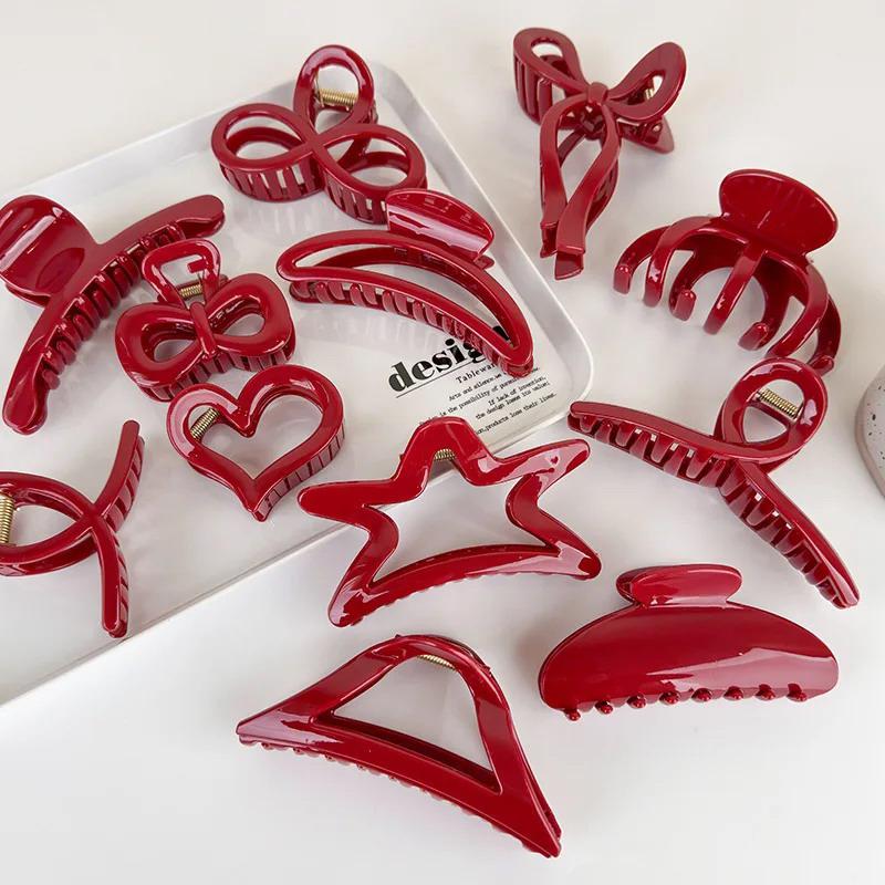Red Series Geometry Hair Claw For Women Girls Elegant Hairpins Shark Clips Crab Barrettes Fashion Hair Accessories