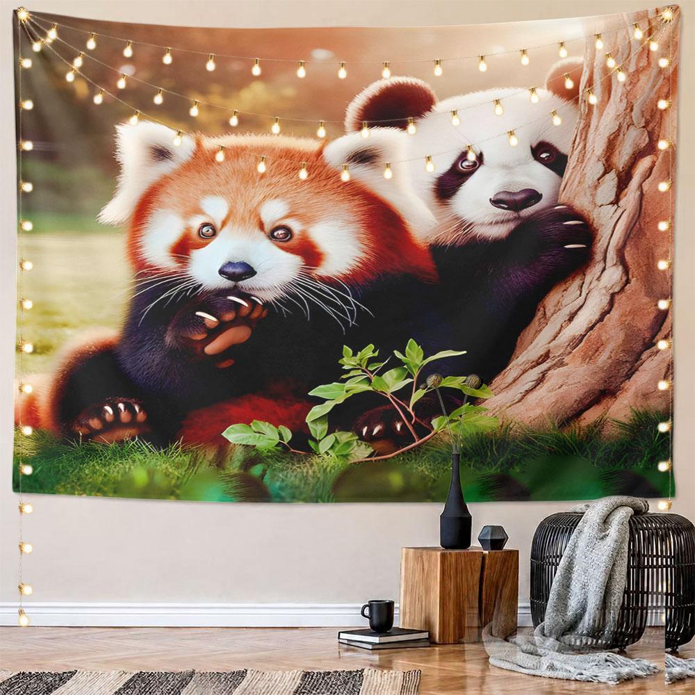 Red Panda and Giant Panda by Tree Pattern Wall Hanging Tapestry Decorative Tapestry Home Decor for Bedroom and Living Room