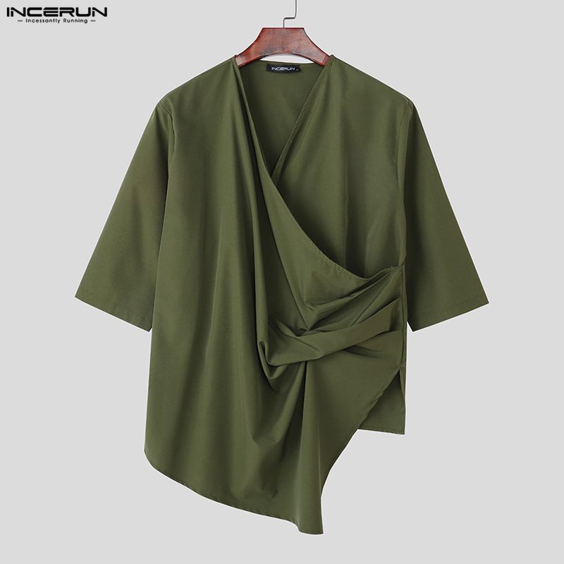 INCERUN Oversized Men V Neck Short Sleeve Solid Color Casual Loose Irregular T-shirts Tops