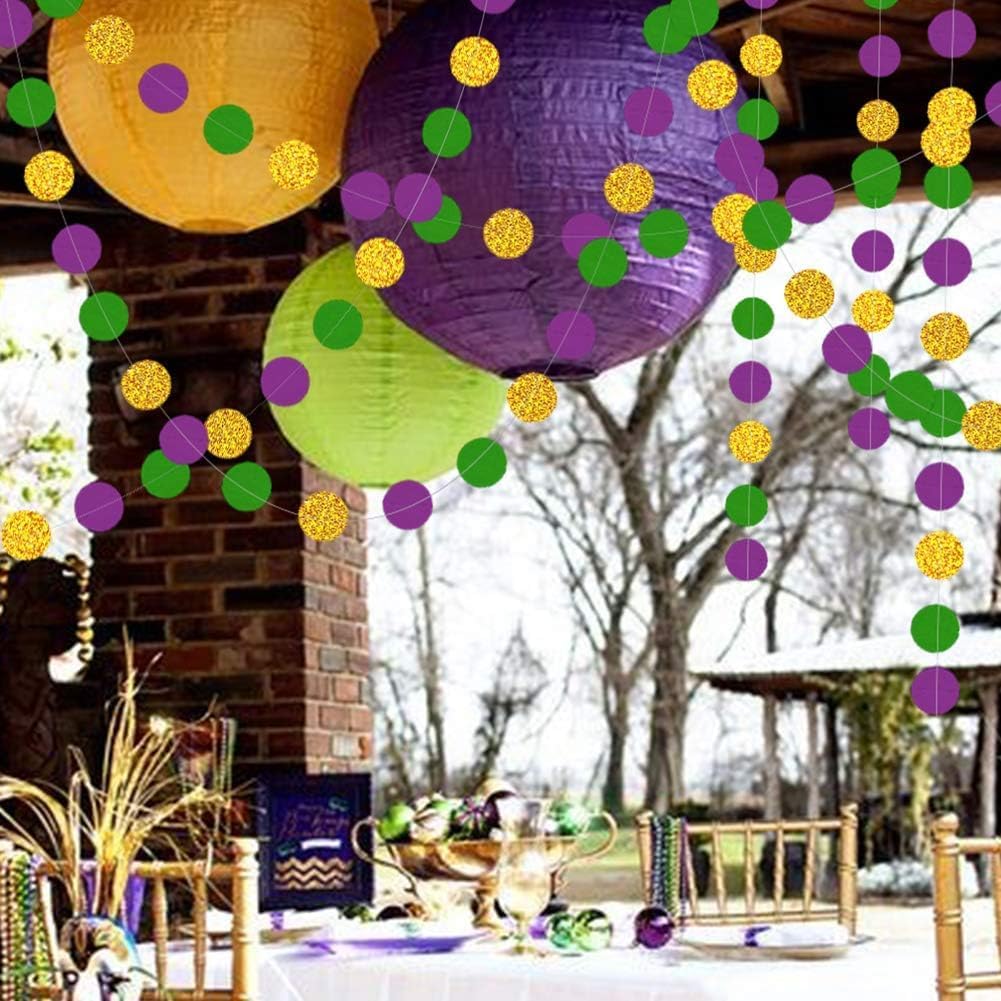 Decor365 Gold Purple Green Mardi Gras Decorations Glitter Dot Mardi Gras Garland Decor Circle Streamers Fat Tuesday Banner Carnival Themed Backdrop