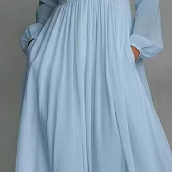Abito da Donna con Collo Alto Manica Lunga Bottoni Davanti Maxi Abito con Tasche Funzionali Pieghettato