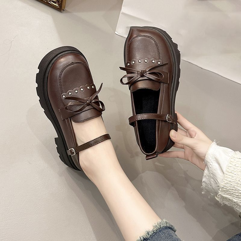 Platform Bow Small Leather Shoes Women's British Style Retro Versatile Skirt Mary Jane Single Shoes Spring and Summer New