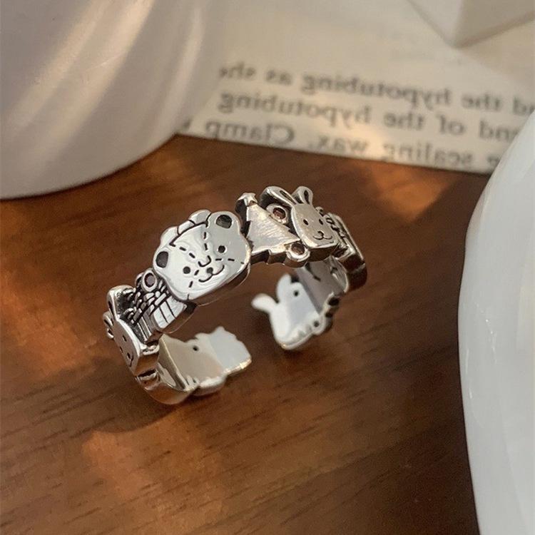 Women's S925 Silver Animal World Open Ring: Little Bear, Rabbit, Christmas Tree Design
