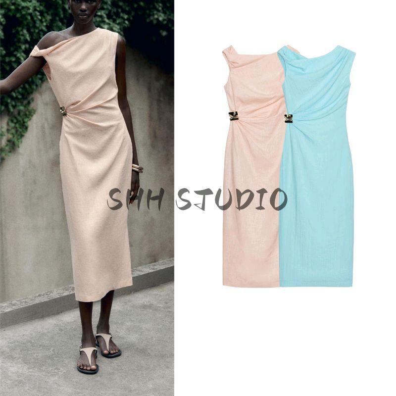 Summer New Women Clothes Inlaid Asymmetric Neckline Sleeveless Midi Dress 8037392 8037734