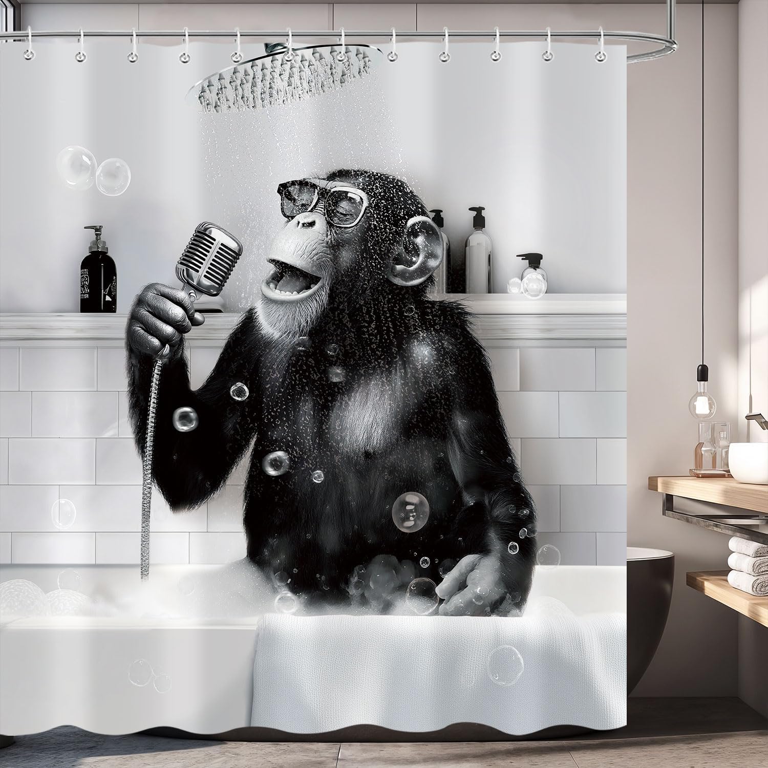 

Funny Cute Dog Shower Curtain, Fun Animal Hilarious Puppy Bulldog Black White Gray Art Printed Kids Lovely Pets Bathroom Curtain W60H190(CM)-1 Pcs
