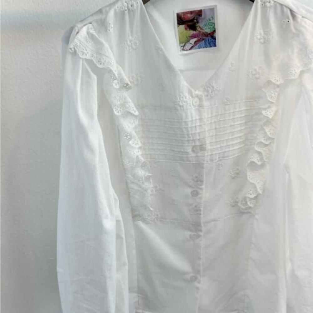 Dabimong Puff Sleeve Frill High Quality Cotton Blouse