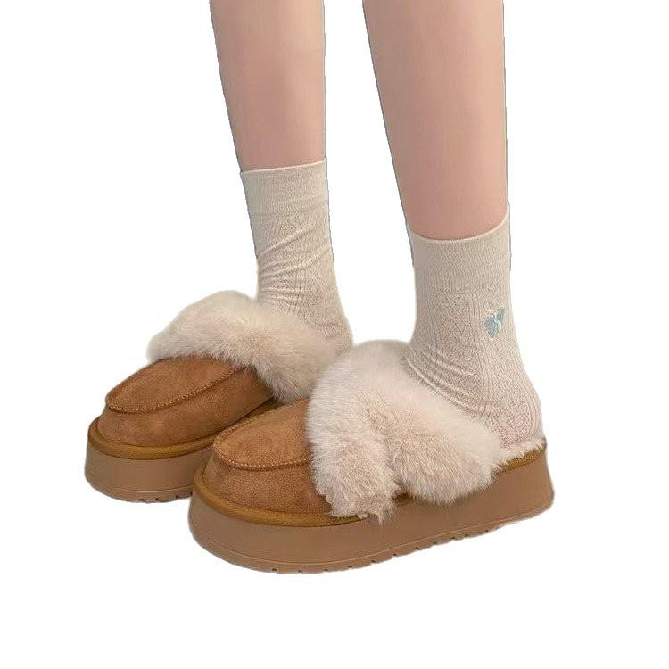2025 new snow boots women's winter fur integrated wool mouth velvet thick bottom warm outer wear bag head half slippers