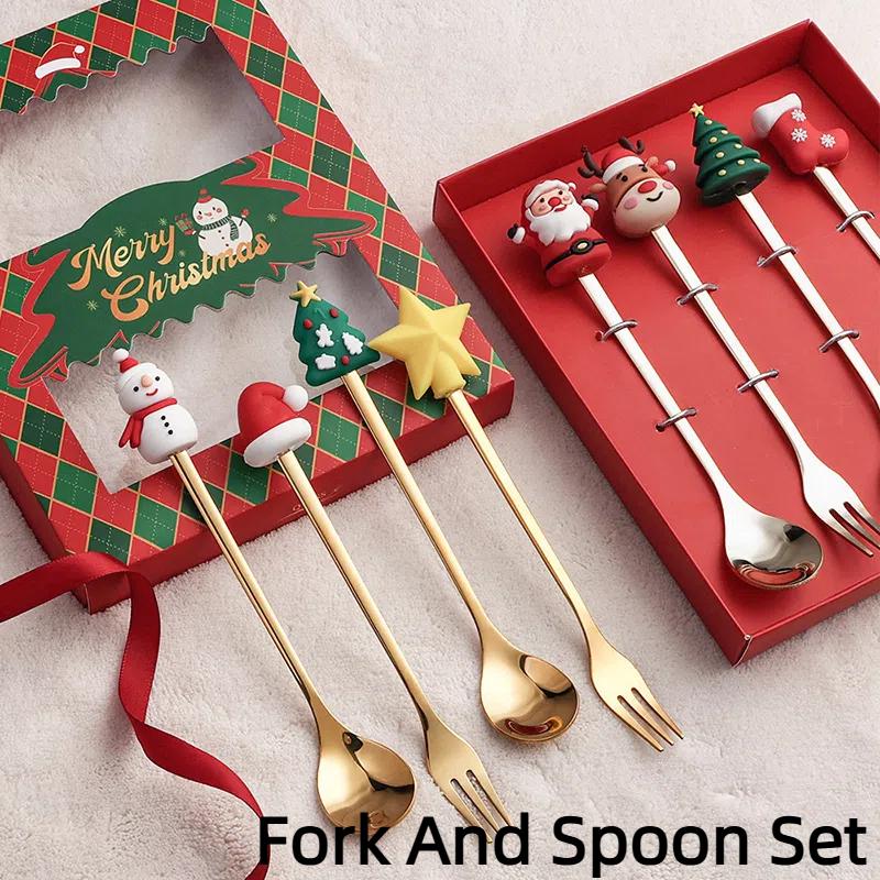 Christmas Fork And Spoon Set Stainless Steel Creative Tableware Coffee Tea Dessert Forks And Spoons Gift Set