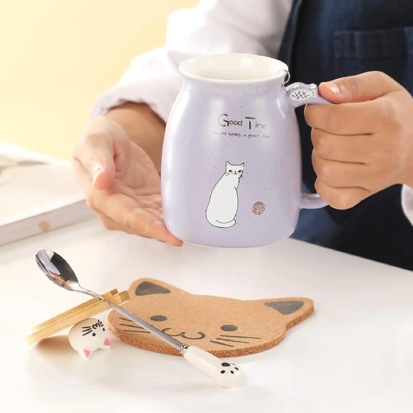 Kawaii Tea Cup Cute Cat Ceramic Coffee Mug with Kitty Lid and Spoon Japanese Style Novelty Gifts for Women Cat Lover Gifts 16oz
