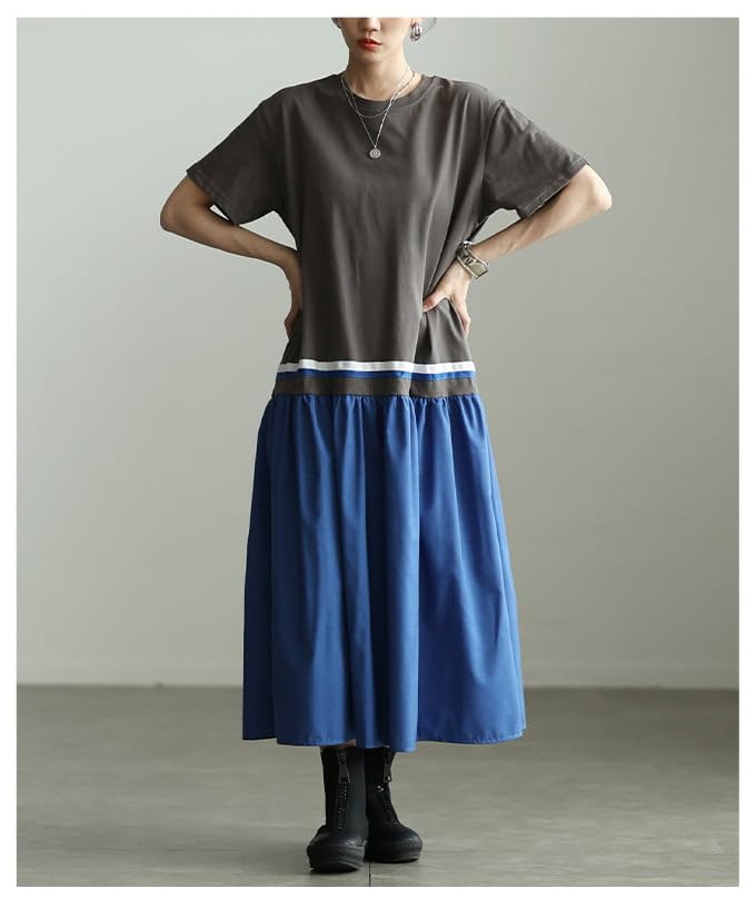 la Contrast Color Cotton Dress for Women Long Short Free Gray [sawa á mode] - Length, Sleeves, Figure-Flattering, Casual, Spring/Summer, Spring/Summer