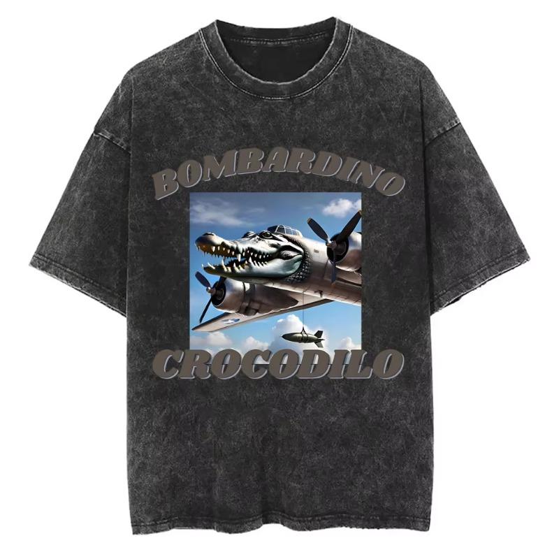 Vintage Washed Bombardiro Crocodilo T Shirt Funny Plane Bomber Crocodile Meme T-shirts Men Women Gothic Casual Humor T Shirts