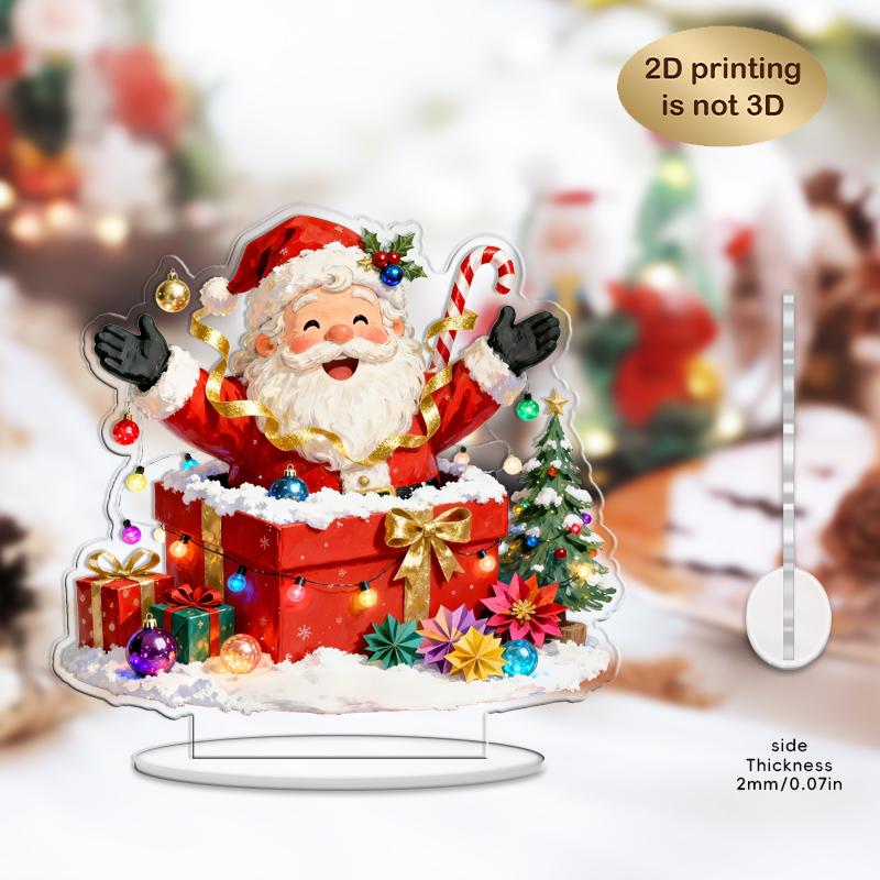 2D Jul Akryl Ornament Jultomten Och Presentaskar Färgtryck Platta Bordsdekorationer för Julklappar