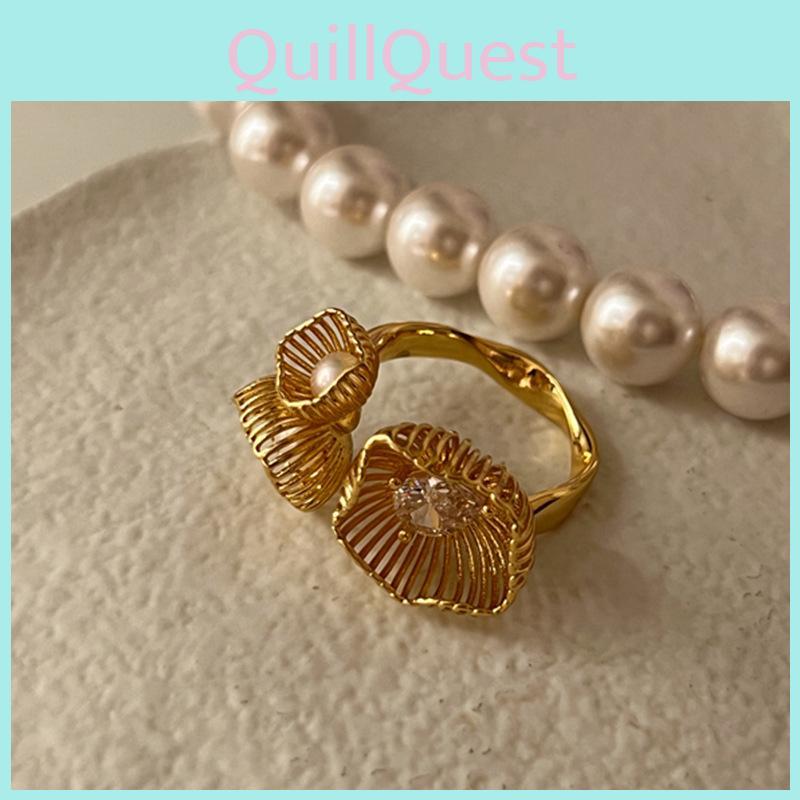 Elegant Vintage Woven Metal Pearl And Zircon Flower Design Ring For Women