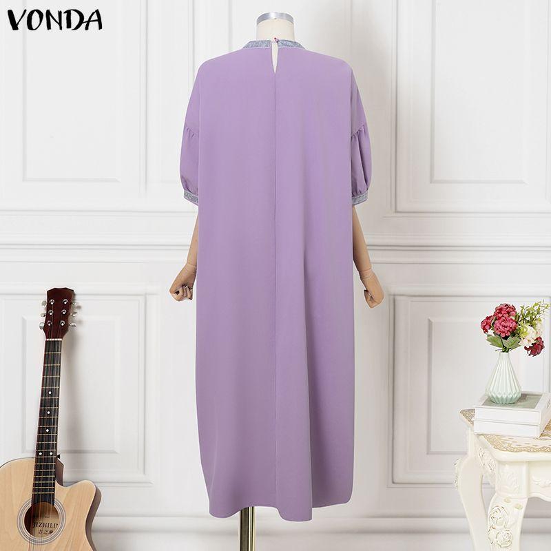 VONDA Summer Women Half Batwing Sleeve Patchwork Hem Casual Loose Long Robe Dress