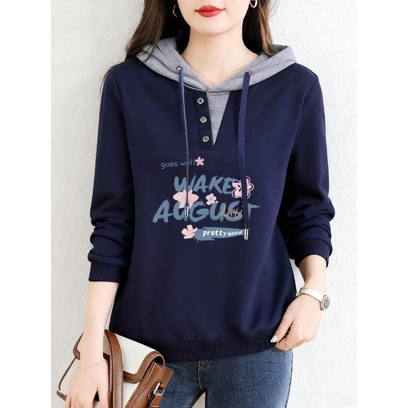 Sale for Foreign Trade Export: 100% Pure Cotton Long-Sleeve Stylish Hooded T-Shirt for Women, Autumn, Plus Size, Casual Base Shirt, Trendy Top