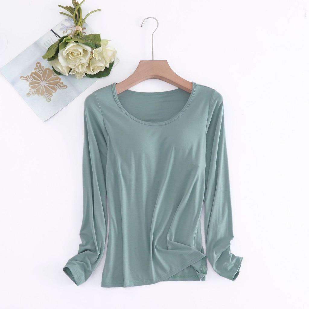 Damen Einfarbiges Langarm-Top mit eingebautem BH-Cup – Schlichter Herbst-/Winter-Stil